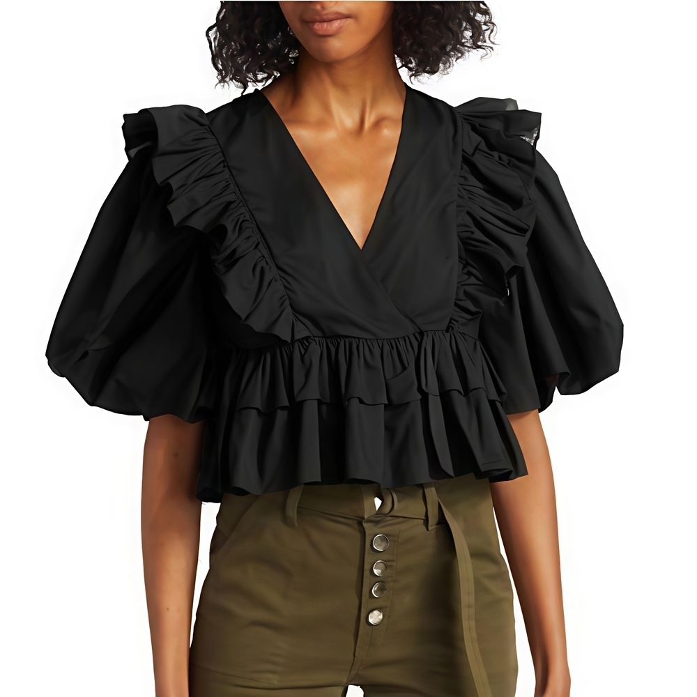 RHODE Elodie Ruffle Peplum Cropped Cotton V Neck Blouse Size Medium Women's